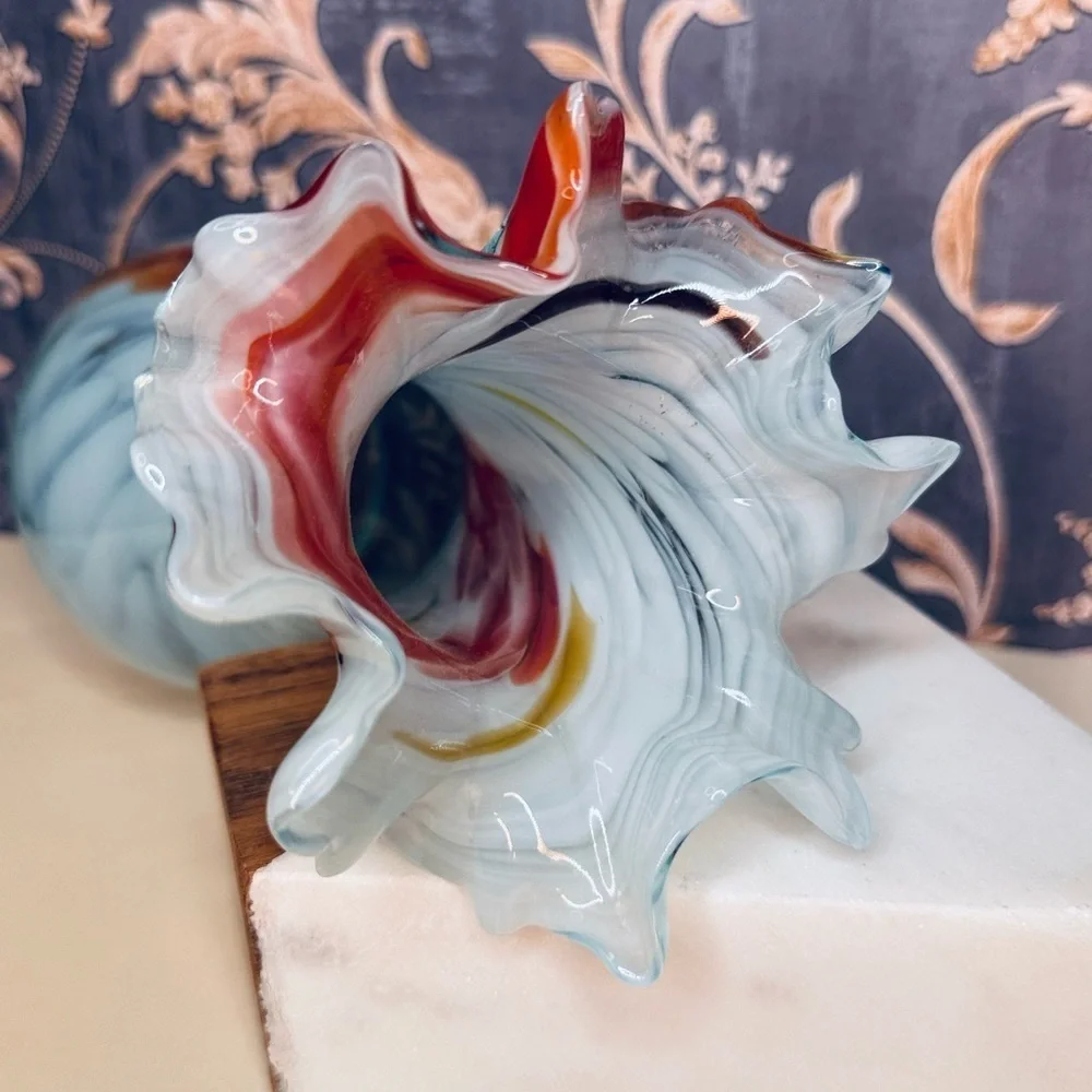 1960s End of Day Handblown Orange Blue Swirl Ruffled Glass Murano Vase